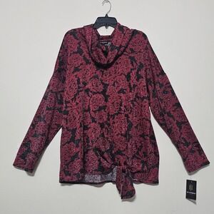 IN Studio Women Plus 3X Red Floral Long Sleeves Cowl‎ Turtle Neck Waist-Tie 1028